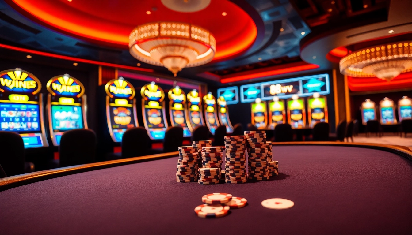 Players engage at a luxurious poker table in the vibrant 88vv casino, filled with excitement and winning potential.