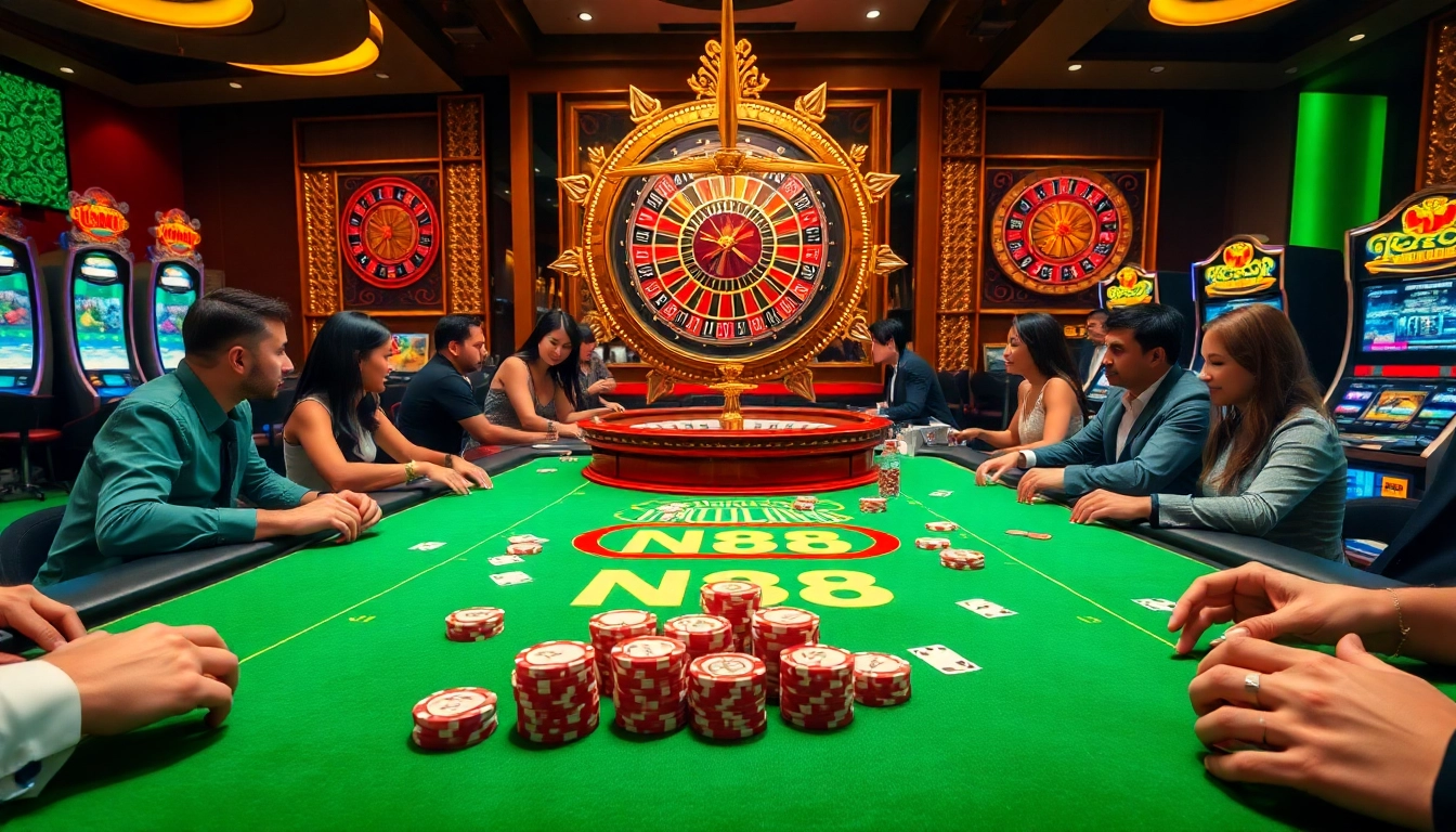 Excited players at an NK88-themed casino table filled with poker chips and cards.