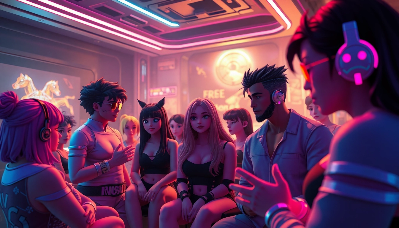 Dynamic interaction of character ai nsfw avatars in a vibrant virtual chat room.