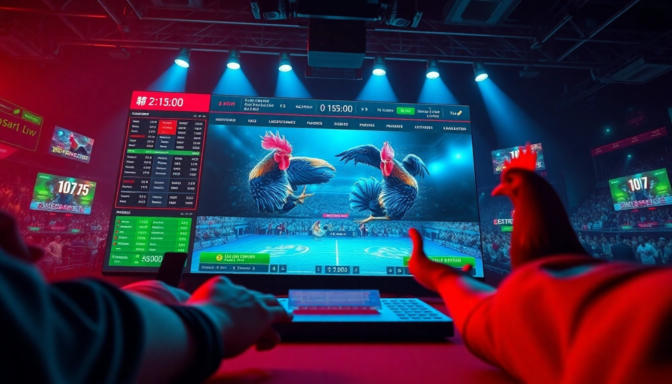 Live betting scene on dagawin.live showing lively cockfighting events with betting options.