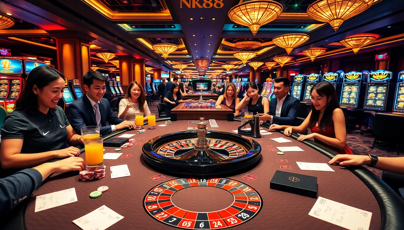 Players enjoying a thrilling game at the NK88 casino table with vibrant designs and luxury elements.