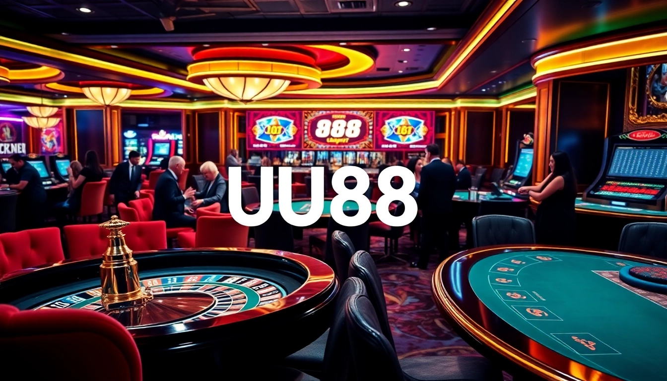 Players enjoying intense betting at UU88 casino tables with vibrant lights.