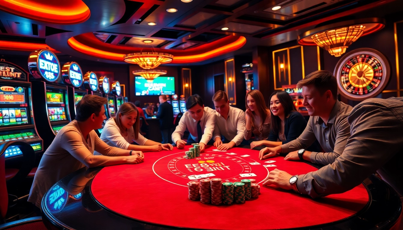 Players enjoy a thrilling poker game at ee88win.net's upscale casino environment, showcasing vibrant colors and excitement.