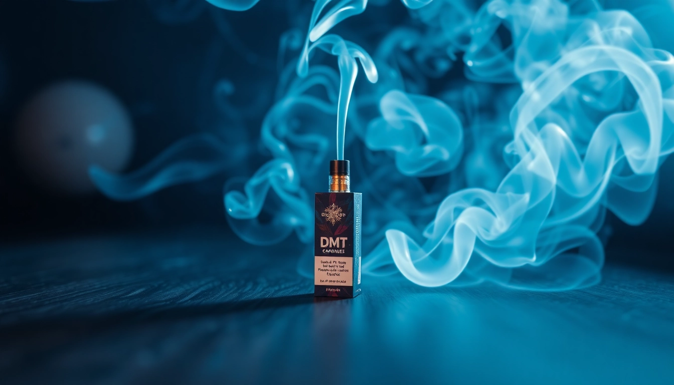 Buy DMT online with a stunning vape cartridge displayed amidst ethereal smoke.