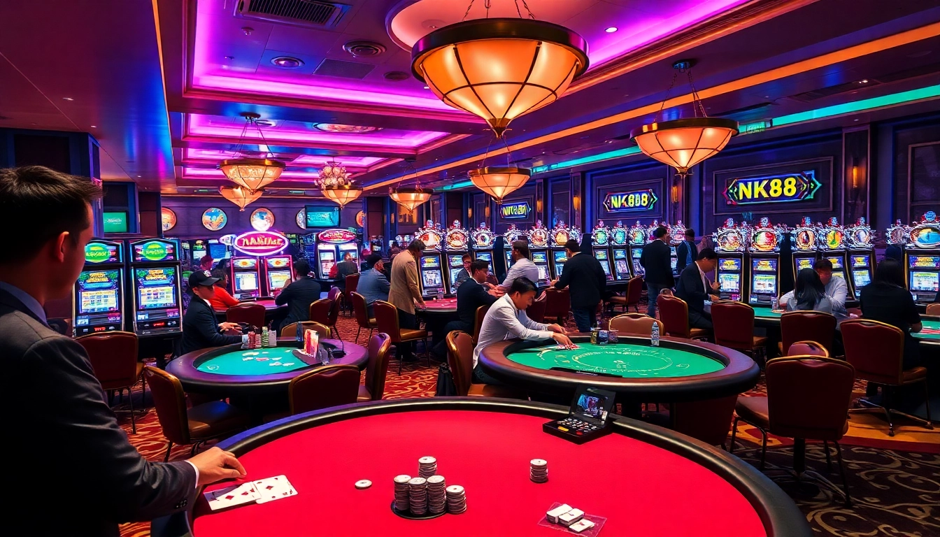Engaged players enjoy casino games at NK88, showcasing poker tables and vibrant slot machines.