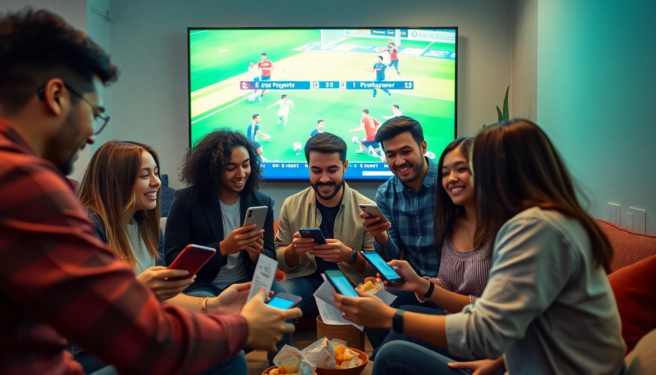 Friends enjoying sports betting at SBOBET.dance, capturing excitement and camaraderie in a vibrant setting.