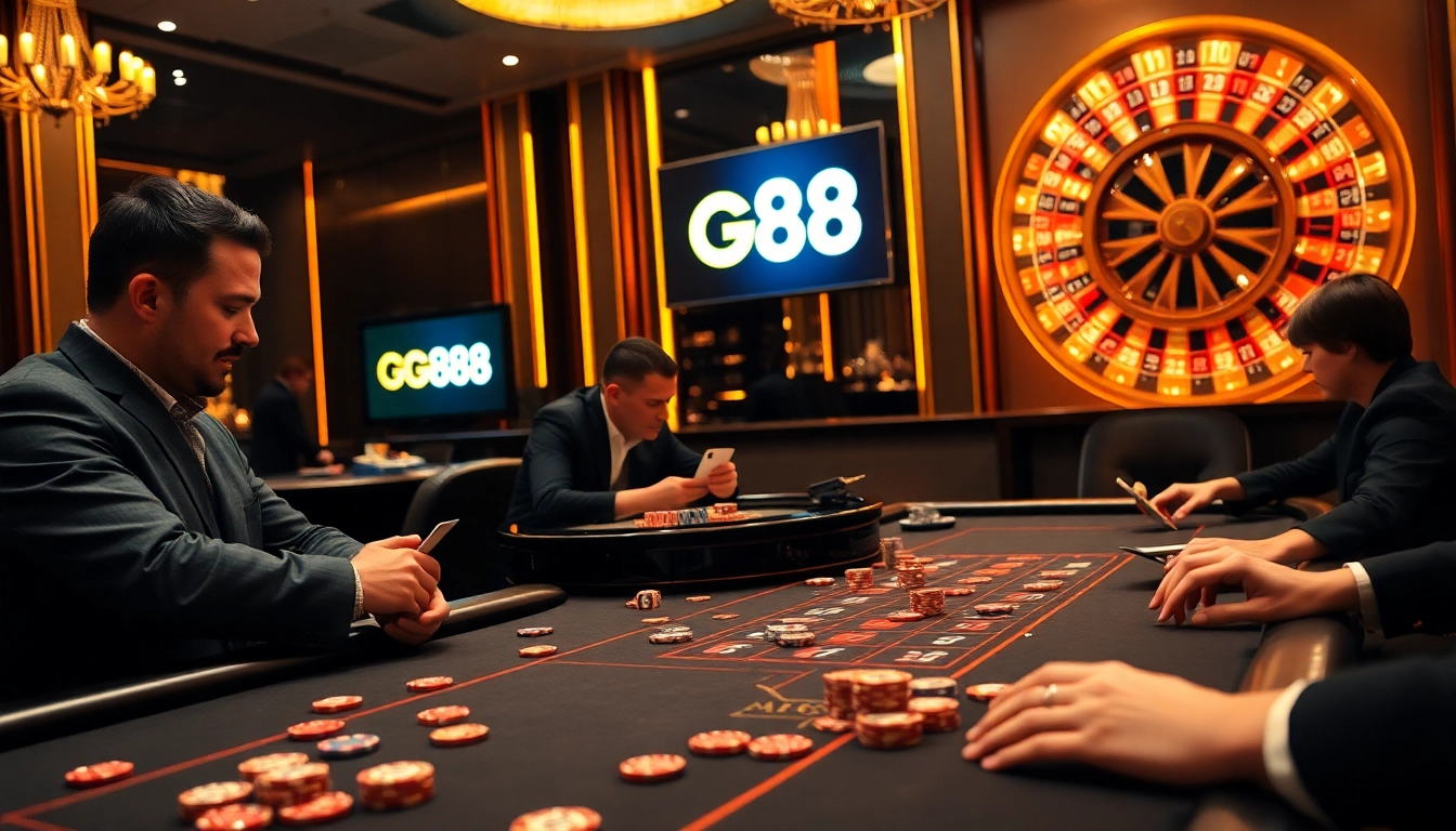 Engaged players at a GO88 gaming table, showcasing their high-stakes poker strategy and excitement.