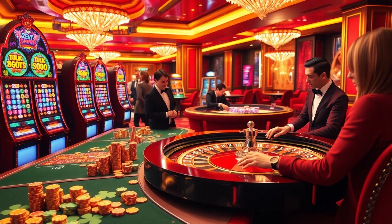 Players experiencing the excitement of gambling at lucky88 casino with vibrant slot machines and casino tables.
