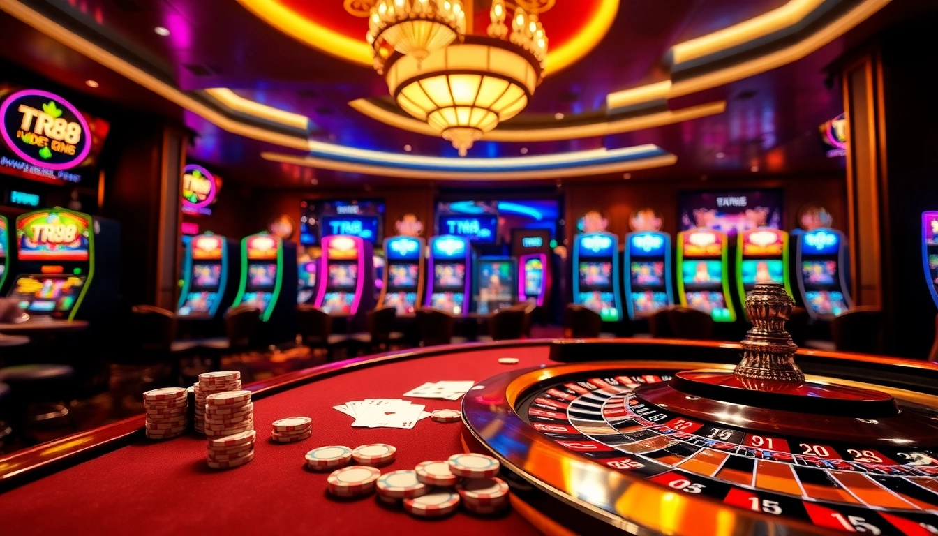 Engaged players enjoying TR88 gaming experience at a luxurious casino table with vibrant cards and chips.