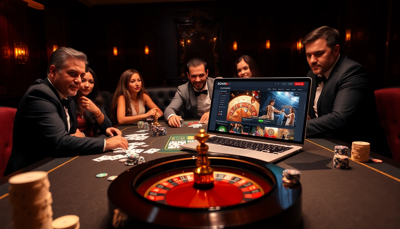 Exciting casino scene with players at BONG88, showcasing poker action and roulette gameplay.